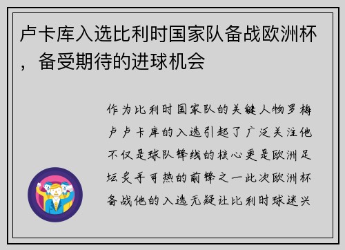 卢卡库入选比利时国家队备战欧洲杯，备受期待的进球机会