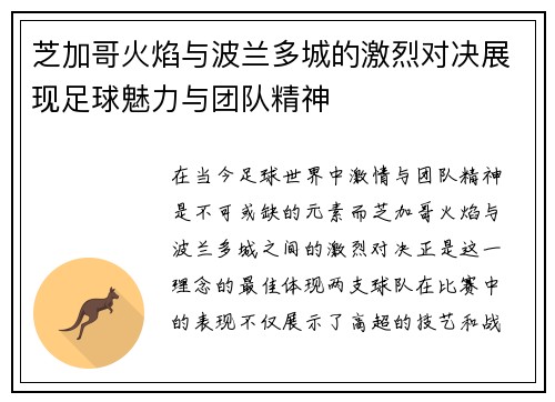 芝加哥火焰与波兰多城的激烈对决展现足球魅力与团队精神