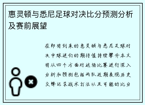 惠灵顿与悉尼足球对决比分预测分析及赛前展望