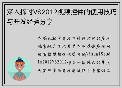 深入探讨VS2012视频控件的使用技巧与开发经验分享